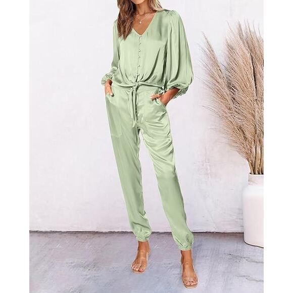 Fashion Satin Outfit Womens XXL Green Long Sleeve Button Top & Jogger Pant Set - Picture 14 of 14
